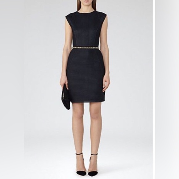 Reiss Size 6 Navy Blue Textured Mesh Cap Sleep Sheath Granger Dress - Picture 1 of 7